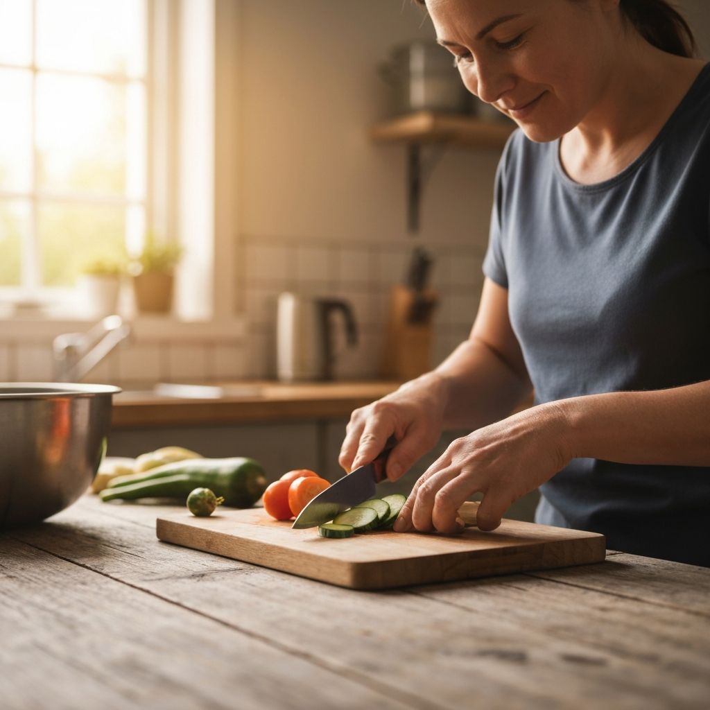 Hands gently preparing fresh vegetables at a kitchen counter